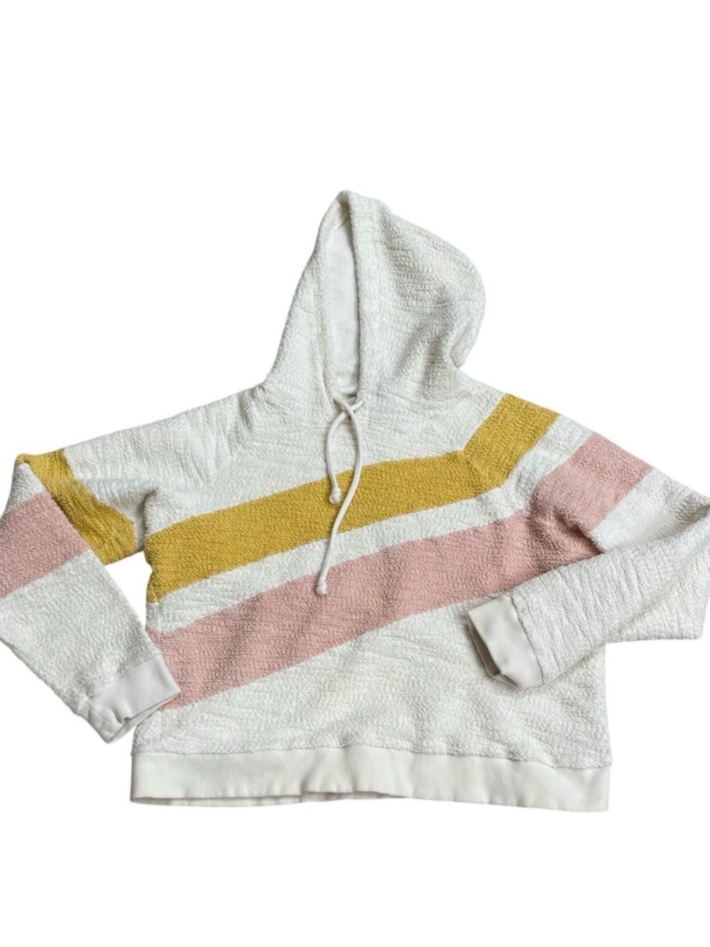 Faherty Women Large Terry Cloth Striped Hoodie Cream Pink Yellow Cotton Pullover